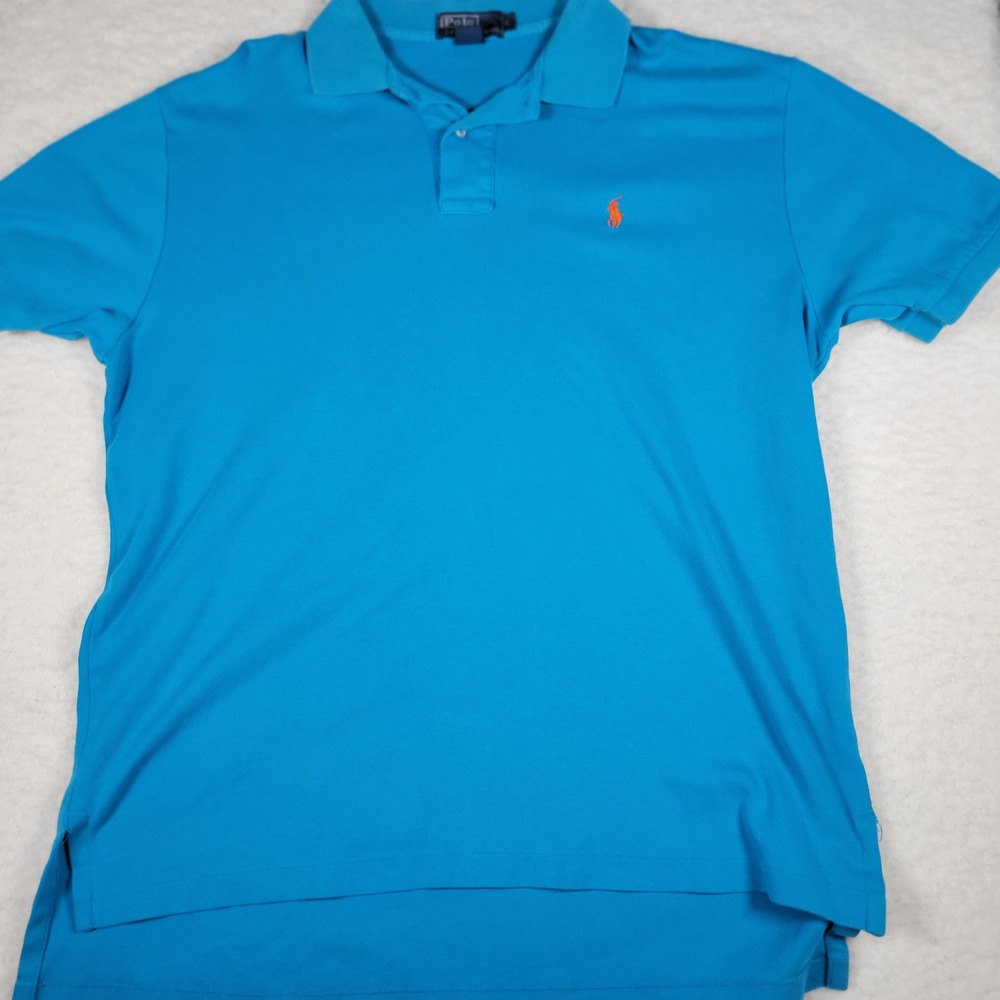 Polo Ralph Lauren Mens L Blue Short Sleeve Cotton Polo Shirt Orange Pony Logo
